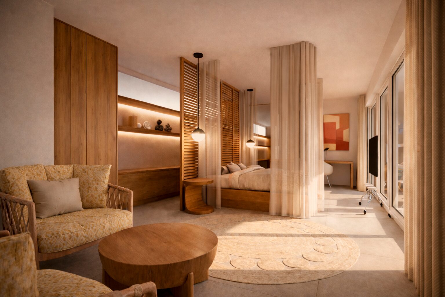 Render 3D de espacio interior contemporáneo diseñado por INUSUAL Studio