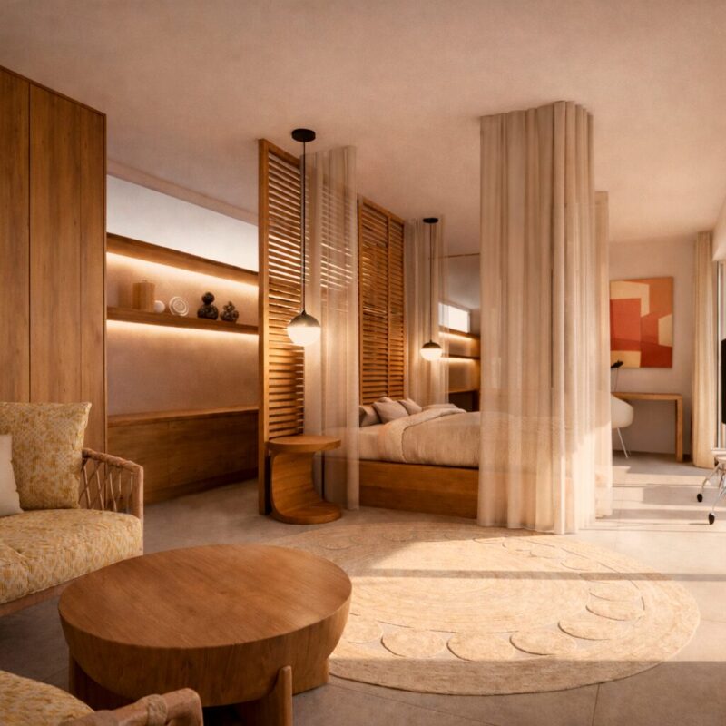 Render 3D de espacio interior contemporáneo diseñado por INUSUAL Studio